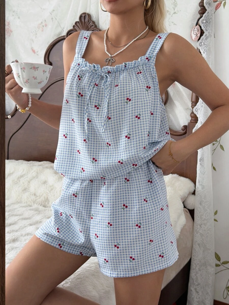 CottageSlumber Sweet Girl Style Cherry Plaid Camisole Pajama Set, Fresh & Cute Loungewear Outfit - Blue - View 1