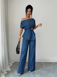 Elenzga Conjunto de Top de Denim con Cuello Asimétrico, Manga Murciélago y Cintura Fruncida de Metal & Pantalones de Pierna Ancha - Azul - Ver 6