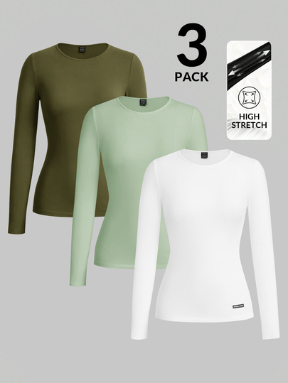 TaskEZ Ensemble de 3 hauts d'uniforme de scrub en denim à col rond simple et manches longues pour femmes