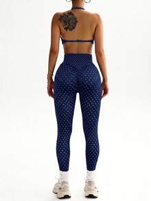 SHEIN Dewbera Women's Polka Dot Print Halter Neck Tank Top & High Waist Tight Leggings Sports Set - Navy Blue - View 3