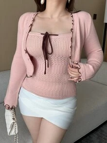 REIGN AVE Wrap Tie Design Sexy Tank Top Short Cardigan Spring Autumn New Pink Sweater Set - Baby Pink - View 1