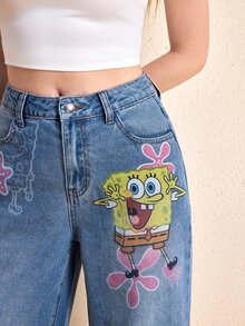 SpongeBob SquarePants | SHEIN Women's Casual Daily Denim Jeans With Pocket, Button And Cartoon Pattern - Blue - View 6