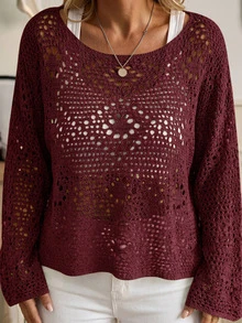 SHEIN CURVE+ Pullover Ukuran Besar Motif Bunga Berlubang dengan Lengan Kelelawar, Pullover Rajut Hijau, Musim Gugur dan Dingin 2026 22W - Burgundy - View 5
