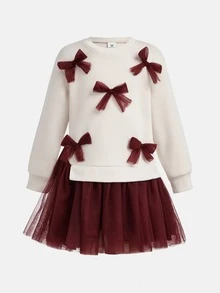 Young Girl Bowknot Decor Mesh Long Sleeve Princess Dress For Formal Occasions And Casual Wear - Red - View 6