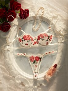Crystal Vow Women's Gorgeous Embroidered Sexy Bra And Panty Lingerie Set - Red and White - View 1