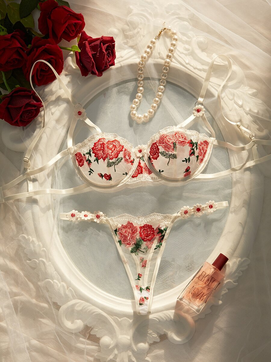 Crystal Vow Women's Gorgeous Embroidered Sexy Bra And Panty Lingerie Set - Red and White - View 1