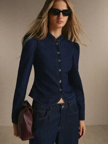 Poéselle Women's Fitted Band Collar Denim Shirt Jacket With Button Front And Curved Hem, Slim Fit - Dark Wash - View 8