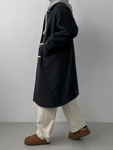 DAZY Autumn/Winter Navy Blue Wool Fabric Loose Cuff Adjustable Over-The-Knee Length Horn Button Placket With Hidden Metal Snap Inner Layer Matching Lining Korean Style Overcoat For Men - Navy Blue - View 4