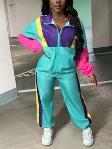 SHEIN CURVE+ Women's 22w Contrast Color Jacket And Jogger Pants 2pcs/Set - Multicolor - View 2