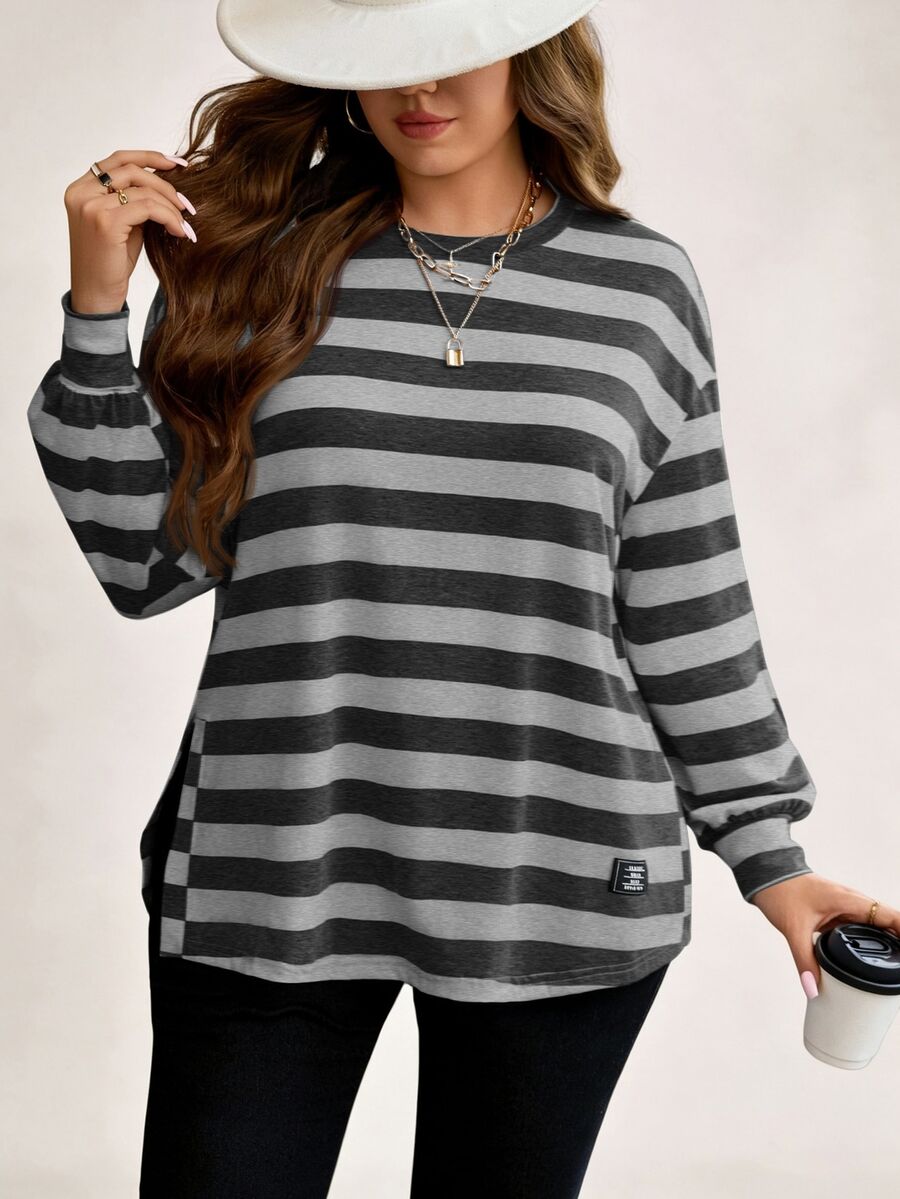 SHEIN LUNE Plus Size Women's Autumn/Winter Striped Print Loose Crew Neck Long Fall - Multicolor - View 1