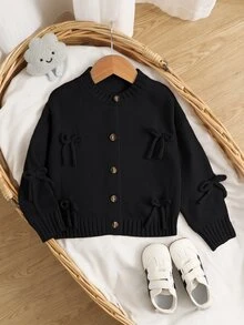 SHEIN 女童小女孩休閒日常時尚秋冬蝴蝶結針織上衣，長袖開襟衫返校毛衣 - 黑色 - 查看 5