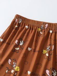 TOM & JERRY X SHEIN طقم بيجامة مقاس كبير بطبعة كرتونية، توب كاميسول وشورتات مزينة بحافة مكشكشة - بني - مشاهدة 7