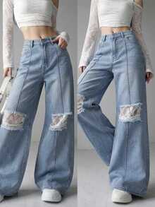 FRIFUL Women's Casual Everyday Denim Jeans With Pocket, Button And Distressed Design - Blue - View 1