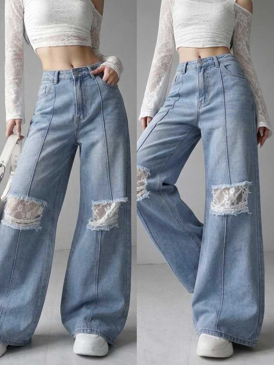 FRIFUL Women's Casual Everyday Denim Jeans With Pocket, Button And Distressed Design - Blue - View 1