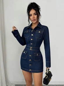 Elenzga Women's Collared Casual Daily Summer Denim Dress - Dark Wash - View 5