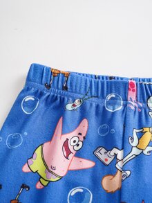 SpongeBob SquarePants | SHEIN 男童卡通圖案短袖上衣和長褲休閒家居睡衣套裝 - 藍色 - 查看 5