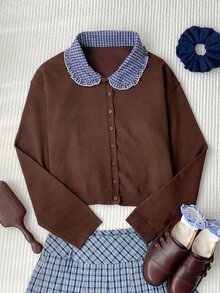 Comfortcana Winter Holiday Cottagecore Knitwear For Cafe Date Night Featuring Blue Plaid Patchwork Contrast And - Brown - View 1