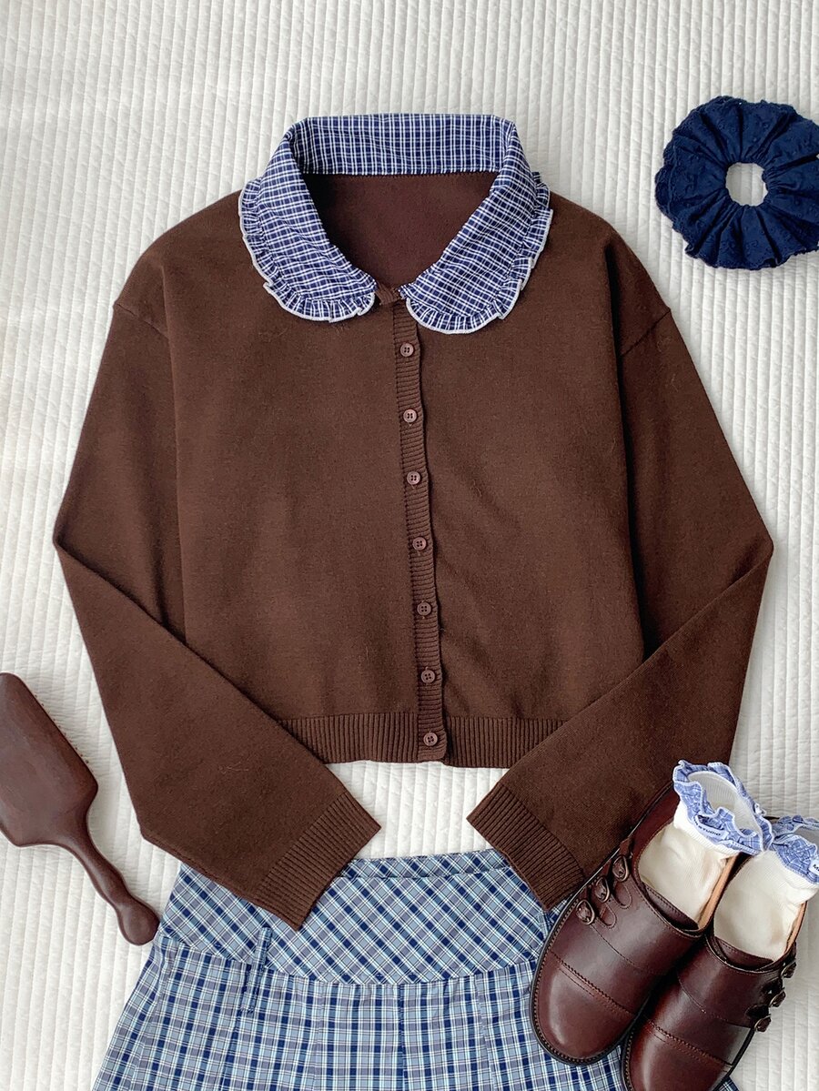 Comfortcana Winter Holiday Cottagecore Knitwear For Cafe Date Night Featuring Blue Plaid Patchwork Contrast And - Brown - View 1