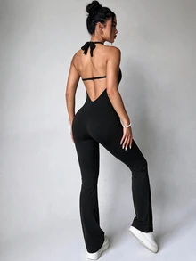 Slayform Slayform Jumpsuit Olahraga Wanita Bergaris Elastis Tinggi Warna Hitam Polos Model Halter Neck Tanpa Punggung untuk Yoga dan Pilates - Hitam - View 7