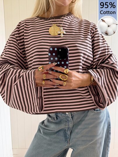 SHEIN EZwear Overseas Long Sleeve Strawberry Chocolate Striped Shirt, Autumn Top, Suitable For Daily Commute, Gathering, Autumn/Winter/Spring/Summer, Christmas, New Year, Thanksgiving, Party, Wedding, Beach, Graduation Ceremony, Elegant, Outing, Dating, Commute, Valentine's Day, Elegant, Vacation, Y2K, Graduation Ceremony And Other Occasions