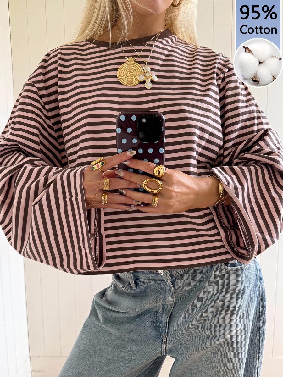 SHEIN EZwear 海外長袖草莓巧克力條紋襯衫,秋季上衣,適合日常通勤、聚會、秋冬春夏、聖誕節、新年、感恩節、派對、婚禮、海灘、畢業典禮、優雅、外出、約會、通勤、情人節、優雅、度假、Y2K、畢業典禮及其他場合 - 彩色 - 查看 1