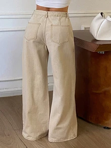 Dazy Plus Plus Size High Waist Button Fly Contrast Stitch Loose Wide Leg Denim Jeans - Apricot - View 5