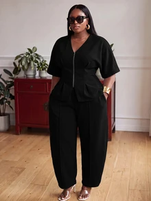 Slaydiva Plus Size 2 Pieces Outfits, Grey Zip Waist Crop Top & Harem Pants Matching Set - Black - View 6