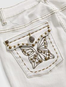 ROMWE Fairycore Women's Vintage Y2K Ultra Low Waist Super Short Distressed Washed Back Pocket Butterfly Pattern Rivet Denim Jeans - White - View 2