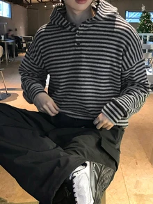 DAZY Autumn/Winter Striped Woolen Black & Grey Placket Button Design Men's Hoodie - Multicolor - View 4