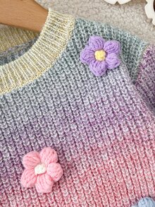SHEIN 女嬰可愛3D花朵漸層彩色套頭毛衣，適合秋冬穿著 - 彩色 - 查看 4