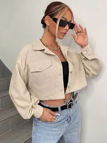 SHEIN EZwear Spring Outfits Drop Shoulder Flap Detail Crop Corduroy Jacket In Fall/Winter - Apricot - View 5