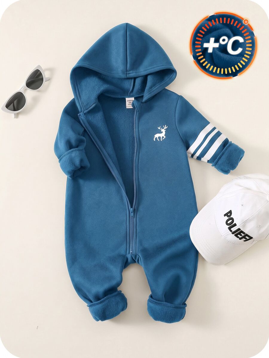 SHEIN 布料紅色男嬰連帽長袖拉鍊連身衣 秋冬連身褲 - 霧霾藍 - 查看 1