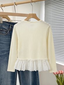 DAZY Girls Autumn Cherry 3D Decor Sweet Apricot Lace Knit Cardigan Long Sleeve Undershirt - Apricot - View 2