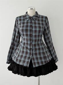 Sunspun Plus Size Vintage Blue & Brown Plaid Waist Cinched Minimalist Commuter Shirt - Blue - View 8
