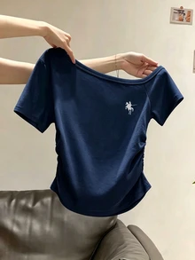 INAWLY 女款休閒不對稱領口刺繡印花短袖修身T恤 - 藏蓝色 - 查看 1