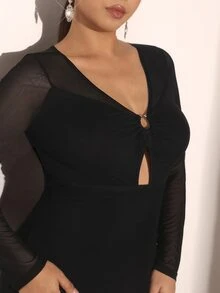 Cravure Plus Size Elegant Hollow Circle Mesh Sheer Long Sleeve Fitted Dress - Black - View 8