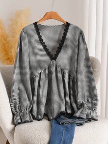 CosyJoli Plus Size V-Neck Lace Long Sleeve Ruffle Blouse For Women Fall - Black and White - View 3