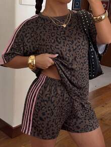 Muchica Plus Size Women Leopard Print Color Block Short Sleeve Top & Shorts 2 Pieces Set - Chocolate Brown - View 1