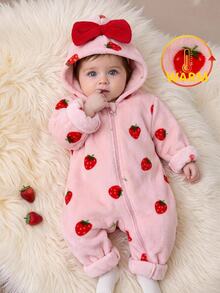 SHEIN Bộ romper trẻ em gái dệt kim màu trơn họa tiết dâu tây có mũ lông giả phong cách thường ngày - Nhiều màu - Xem 1