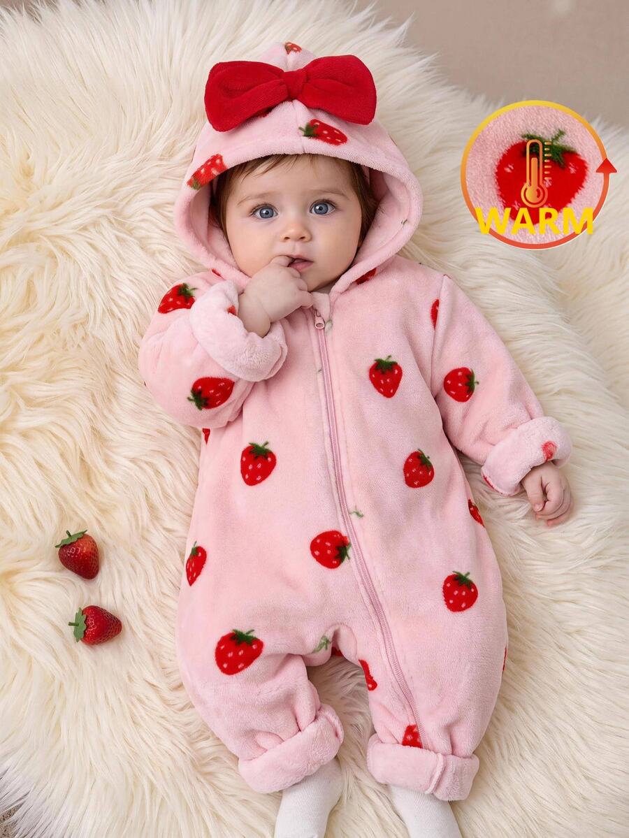 SHEIN Bộ romper trẻ em gái dệt kim màu trơn họa tiết dâu tây có mũ lông giả phong cách thường ngày - Nhiều màu - Xem 1