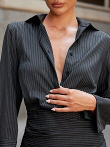 L'Amorae Women's Grey Elegant Striped Button Bodycon Dress For Business Office, Fall, Summer, Autumn, Chic, Fashionable, Work Wear - Dark Grey - View 2