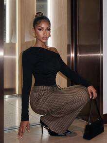 SHEIN SXY Women's Striped Casual Versatile Daily Wear Long Pants - Brown - View 4