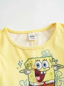 SpongeBob SquarePants | SHEIN Young Girl Cartoon Pattern Pleated Casual Daily Summer Dress - Yellow - View 3
