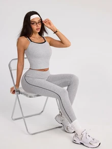 Dewbera Dewbera Women's Minimalist Tank Top And Striped Colorblock Long Pants Sports Set - Grey - View 6