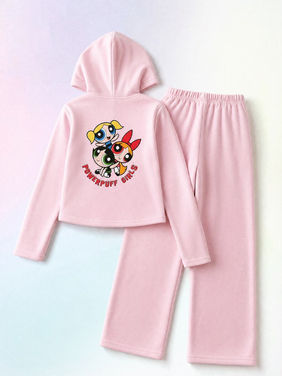 THE POWERPUFF GIRLS X SHEIN 兒童青少年女孩 2件組純色粉色抽繩連帽上衣與寬腿長褲套裝,休閒風格,適合春季/秋季日常穿著 - 粉色 - 查看 1