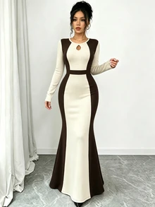 Elenzga Mature Style Slimming Ceiling Coffee & Beige Contrast Vertical Ribbed Fitted Dress, Vintage Hollow Neckline Mermaid Tail Dress - Multicolor - View 7