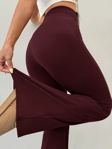 SHEIN PETITE بنطلون طويل نسائي بلون موحد كاجوال متعدد الاستخدامات للارتداء اليومي - عنابي اللون - مشاهدة 2