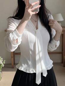 DAZY 女款純色休閒百搭日常長袖襯衫 - 白色 - 查看 1