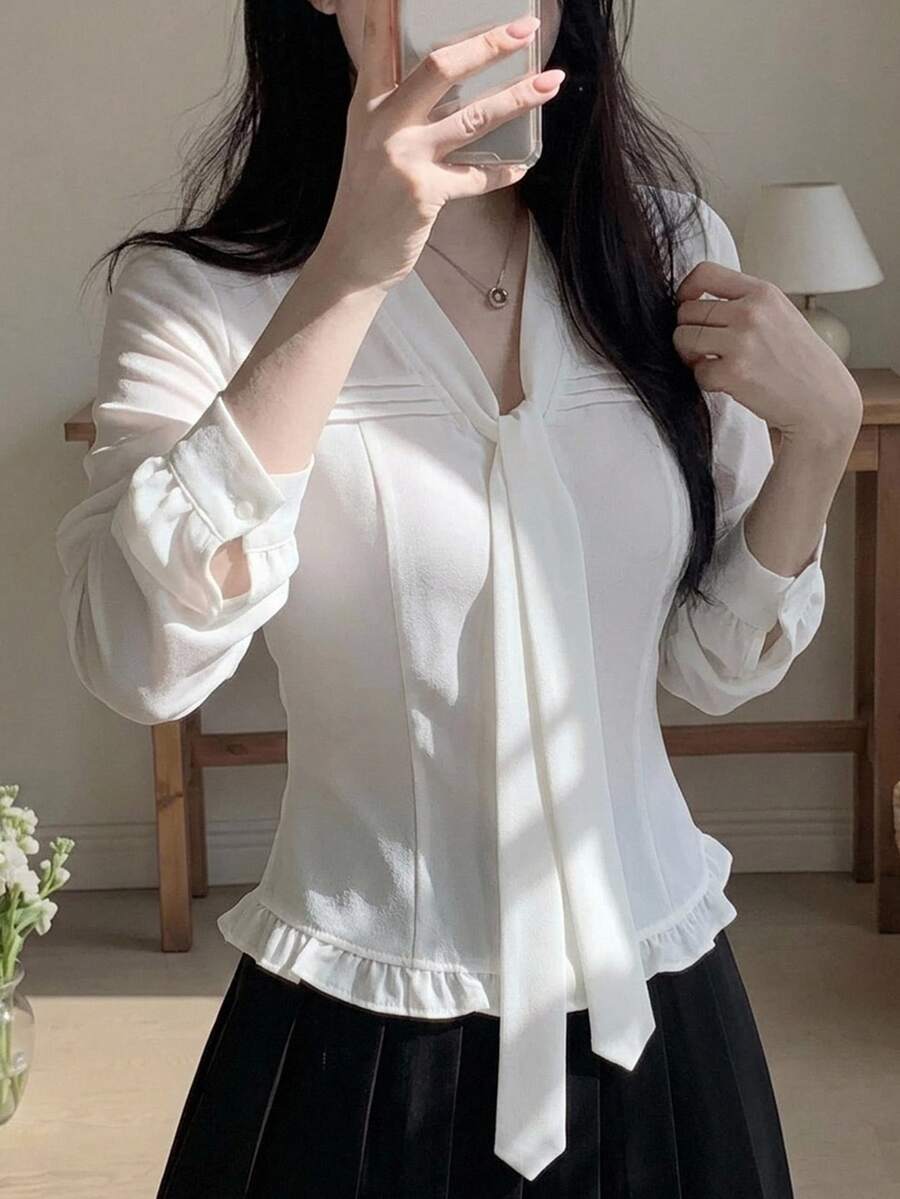 DAZY 女款純色休閒百搭日常長袖襯衫 - 白色 - 查看 1