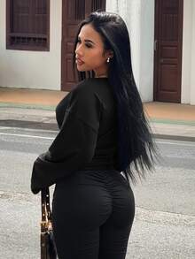 Slaydiva Casual Plus Size V-Neck Black Long Sleeve T-Shirt, Suitable For Autumn, Party, Music Festival, Y2K, Halloween Fall - Black - View 2